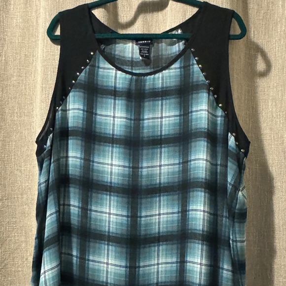 Torrid | Bluegreen and Black Plaid Studded Scoop Neck Top | Size 2 - Picture 2 of 10